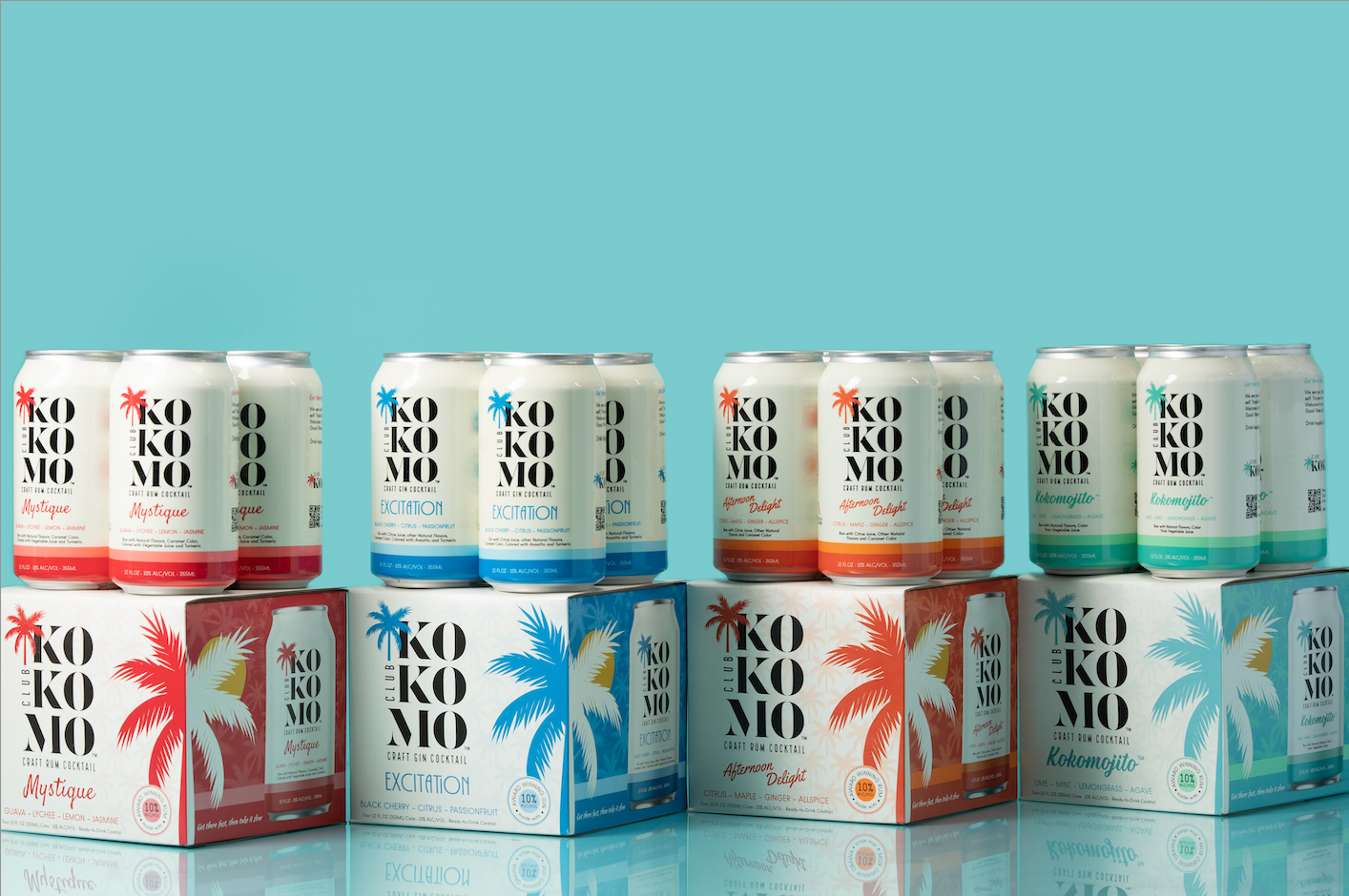 Club Kokomo Craft Rum Cocktails cans and their boxes.